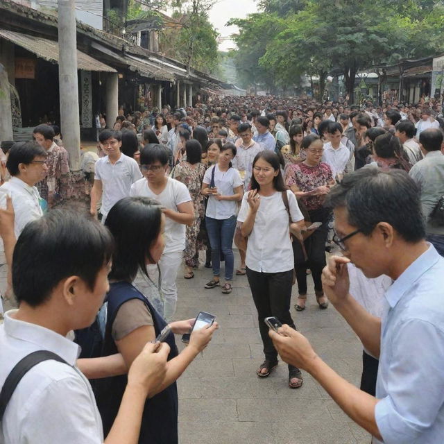 A bustling public space filled with people interacting with Banyumasan culture through AR technology on their smartphones.