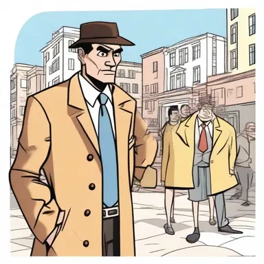 In the cartoon, the detective expressed his mistrust towards the suspicious character.