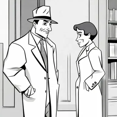 In the cartoon, the detective expressed his mistrust towards the suspicious character.