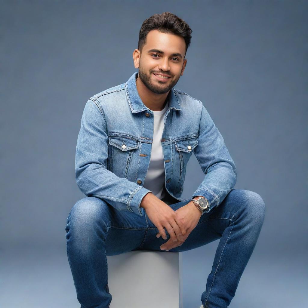 Render a 3D character in modern casual attire, including a jeans jacket and sneakers. Seated against the background of a social media profile page with the user name 'Abdul Wahab Khan', complete with a fitting profile picture.