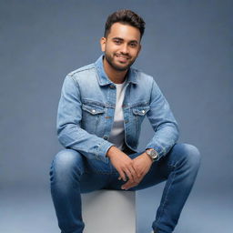 Render a 3D character in modern casual attire, including a jeans jacket and sneakers. Seated against the background of a social media profile page with the user name 'Abdul Wahab Khan', complete with a fitting profile picture.