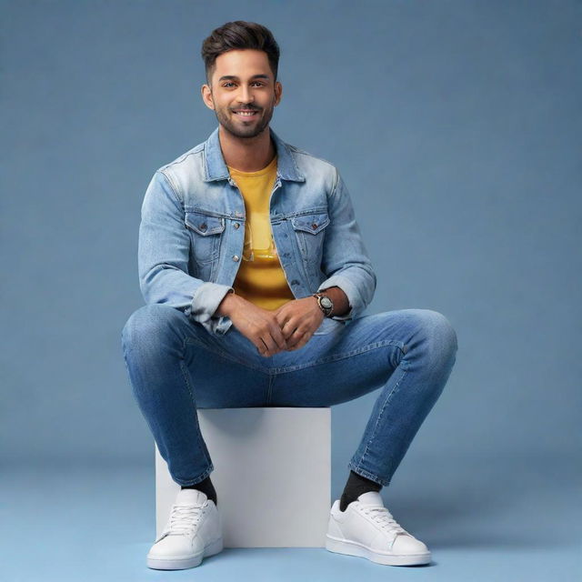 Render a 3D character in modern casual attire, including a jeans jacket and sneakers. Seated against the background of a social media profile page with the user name 'Abdul Wahab Khan', complete with a fitting profile picture.