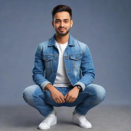 Render a 3D character in modern casual attire, including a jeans jacket and sneakers. Seated against the background of a social media profile page with the user name 'Abdul Wahab Khan', complete with a fitting profile picture.