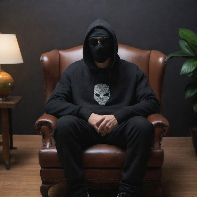 Generate a 3D illusion of a 25-year-old handsome man in a black hoodie, sitting casually on a wingback chair, donned in sneakers, a black mask, and sunglasses. He's looking forward with 'Rom Rom Bhaio' prominently in the background.