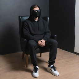 Generate a 3D illusion of a 25-year-old handsome man in a black hoodie, sitting casually on a wingback chair, donned in sneakers, a black mask, and sunglasses. He's looking forward with 'Rom Rom Bhaio' prominently in the background.