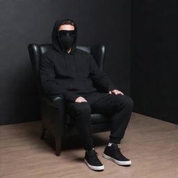 Generate a 3D illusion of a 25-year-old handsome man in a black hoodie, sitting casually on a wingback chair, donned in sneakers, a black mask, and sunglasses. He's looking forward with 'Rom Rom Bhaio' prominently in the background.