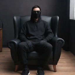 Generate a 3D illusion of a 25-year-old handsome man in a black hoodie, sitting casually on a wingback chair, donned in sneakers, a black mask, and sunglasses. He's looking forward with 'Rom Rom Bhaio' prominently in the background.