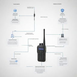 Generate a block diagram titled 'SureSecure: Elevating Safety with an Advanced Walkie Talkie System', illustrating the signal flow from the walkie talkie to the antenna and other associated parts.