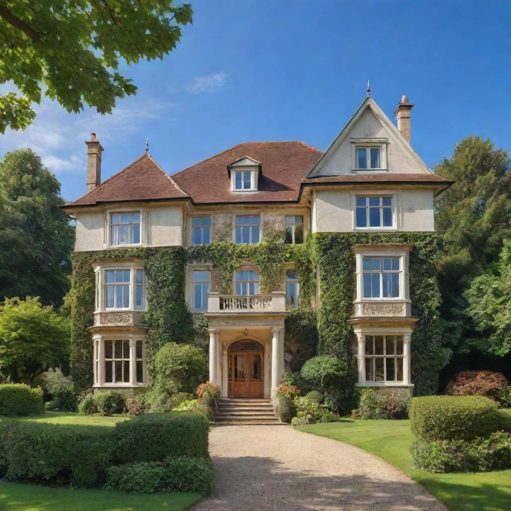 Create an image of a beautiful house, standing majestically with stunning architectural features, surrounded by lush greenery under blue skies