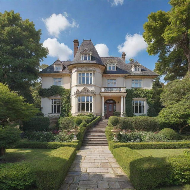 Create an image of a beautiful house, standing majestically with stunning architectural features, surrounded by lush greenery under blue skies