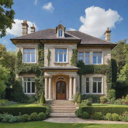 Create an image of a beautiful house, standing majestically with stunning architectural features, surrounded by lush greenery under blue skies