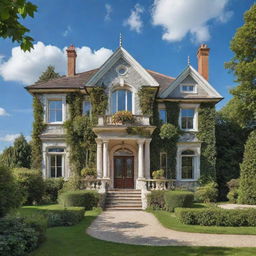 Create an image of a beautiful house, standing majestically with stunning architectural features, surrounded by lush greenery under blue skies