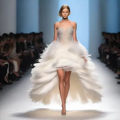 The runway model confidently struts down the catwalk, showcasing a stunning feathered barrier dress.