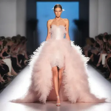 The runway model confidently struts down the catwalk, showcasing a stunning feathered barrier dress.