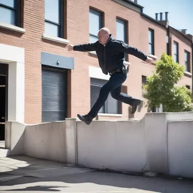 The police officer, in pursuit of the criminal, jumps over the barrier during the thrilling chase scene.
