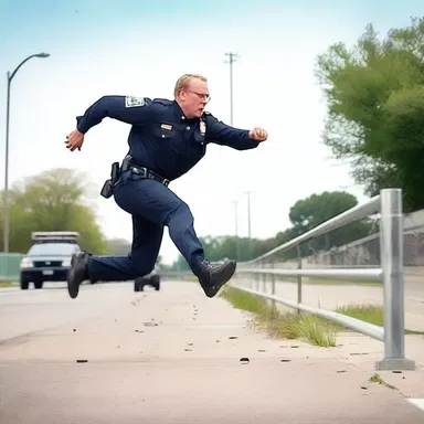 The police officer, in pursuit of the criminal, jumps over the barrier during the thrilling chase scene.