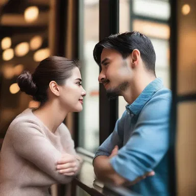 The couple gazes longingly at each other through the barrier of the restaurant window, unable to touch but filled with affection.