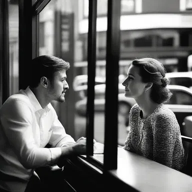The couple gazes longingly at each other through the barrier of the restaurant window, unable to touch but filled with affection.