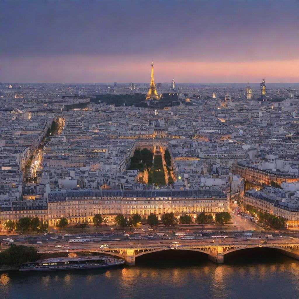 Paris cityscape at sunset, featuring iconic landmarks like the Eiffel Tower, the Seine River, and Sacré-Cœur Basilica