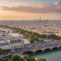 Paris cityscape at sunset, featuring iconic landmarks like the Eiffel Tower, the Seine River, and Sacré-Cœur Basilica