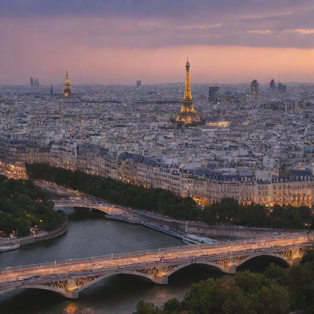 Paris cityscape at sunset, featuring iconic landmarks like the Eiffel Tower, the Seine River, and Sacré-Cœur Basilica