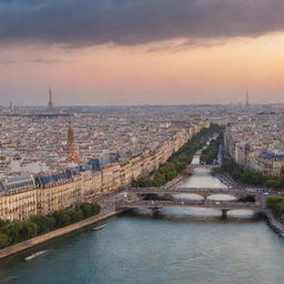 Paris cityscape at sunset, featuring iconic landmarks like the Eiffel Tower, the Seine River, and Sacré-Cœur Basilica