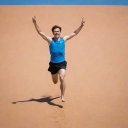 A vertically-challenged individual sprinting enthusiastically across a vast, sandy desert, dramatically waving their hand against a clear azure sky.