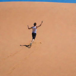 A vertically-challenged individual sprinting enthusiastically across a vast, sandy desert, dramatically waving their hand against a clear azure sky.