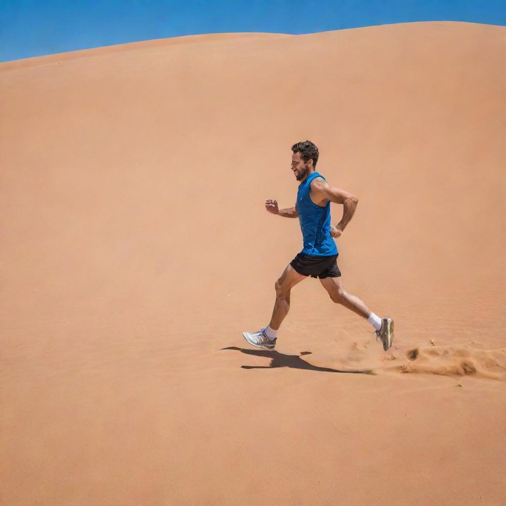 A vertically-challenged individual sprinting enthusiastically across a vast, sandy desert, dramatically waving their hand against a clear azure sky.