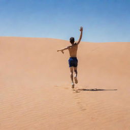 A vertically-challenged individual sprinting enthusiastically across a vast, sandy desert, dramatically waving their hand against a clear azure sky.