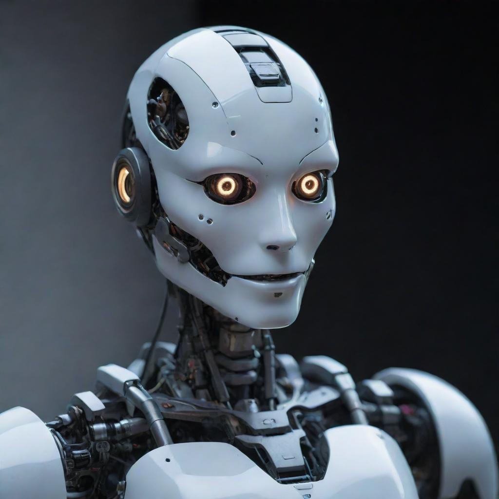 A humanoid robot with eerie, futuristic technology. Its glowing eyes and partially translucent skin reveal complex machinery underneath, creating a sense of unease.