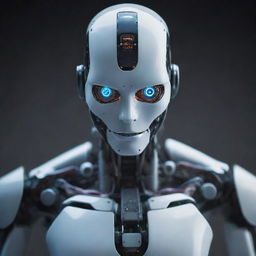 A humanoid robot with eerie, futuristic technology. Its glowing eyes and partially translucent skin reveal complex machinery underneath, creating a sense of unease.