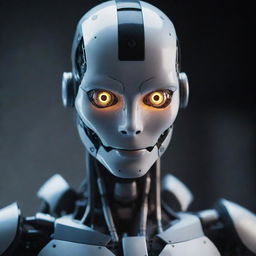 A humanoid robot with eerie, futuristic technology. Its glowing eyes and partially translucent skin reveal complex machinery underneath, creating a sense of unease.