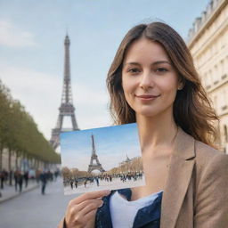 A personalized portrait of the user in the city of Paris, capturing the iconic landmarks such as the Eiffel Tower and the Louvre in the background.