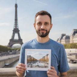 A personalized portrait of the user in the city of Paris, capturing the iconic landmarks such as the Eiffel Tower and the Louvre in the background.