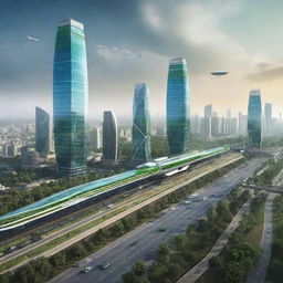 Futuristic vision of India in the year 2050, showcasing advanced infrastructure, green technology, bustling city landscape, and rich cultural heritage blended with modern aesthetics.