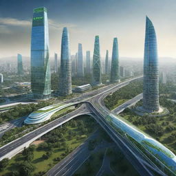 Futuristic vision of India in the year 2050, showcasing advanced infrastructure, green technology, bustling city landscape, and rich cultural heritage blended with modern aesthetics.