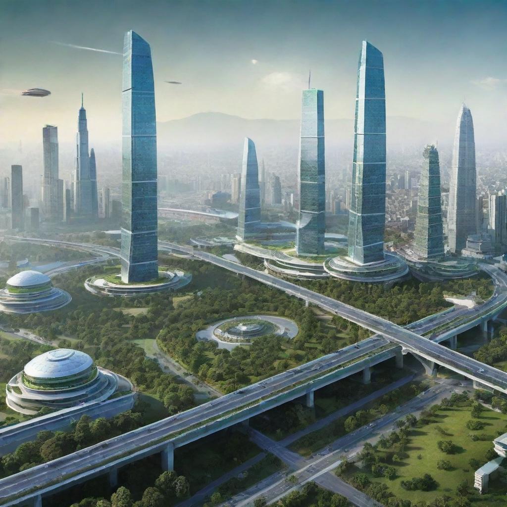 Futuristic vision of India in the year 2050, showcasing advanced infrastructure, green technology, bustling city landscape, and rich cultural heritage blended with modern aesthetics.