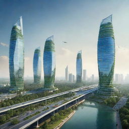 Futuristic vision of India in the year 2050, showcasing advanced infrastructure, green technology, bustling city landscape, and rich cultural heritage blended with modern aesthetics.