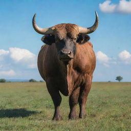 A powerful, majestic bull standing in a lush, grassy field under a cloudless azure sky