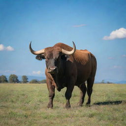 A powerful, majestic bull standing in a lush, grassy field under a cloudless azure sky