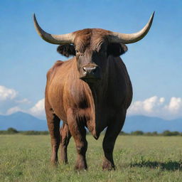 A powerful, majestic bull standing in a lush, grassy field under a cloudless azure sky