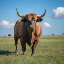 A powerful, majestic bull standing in a lush, grassy field under a cloudless azure sky