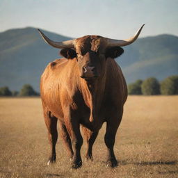 A stunning bull standing tall in a golden sunlit pasture