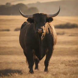 A stunning bull standing tall in a golden sunlit pasture