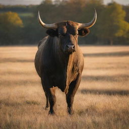 A stunning bull standing tall in a golden sunlit pasture