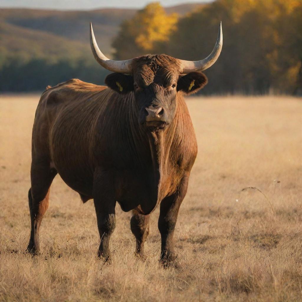 A stunning bull standing tall in a golden sunlit pasture