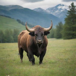 A robust, fierce bull in the middle of a verdant meadow