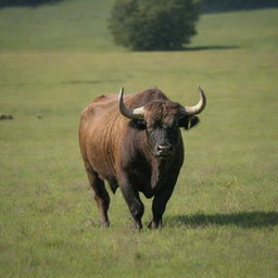 A robust, fierce bull in the middle of a verdant meadow