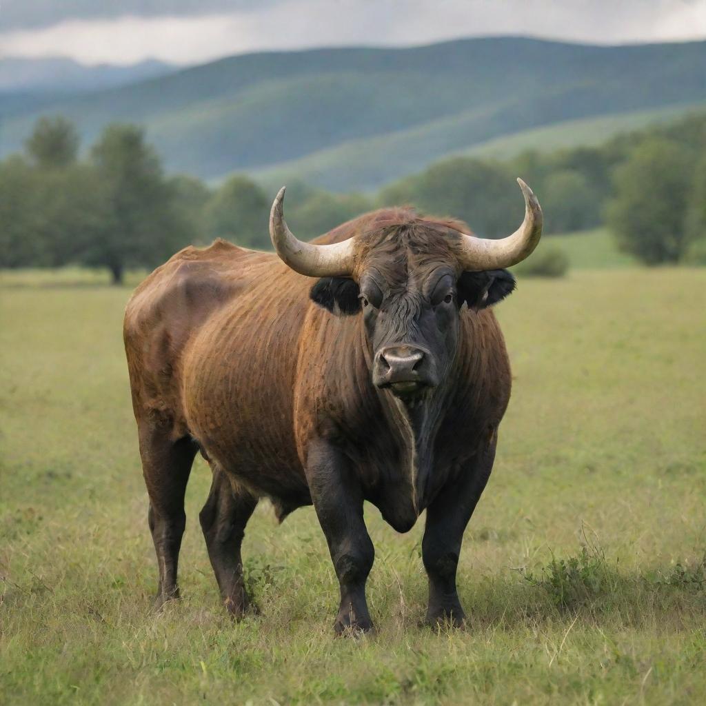 A robust, fierce bull in the middle of a verdant meadow